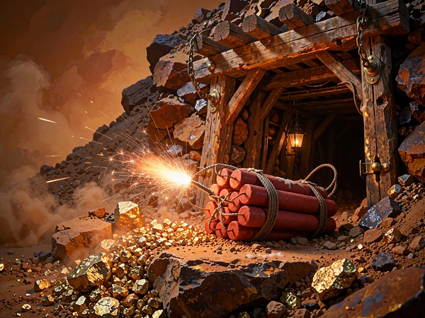 Wejście do kopalni ze skrzynką dynamitu i samorodkami złota - motyw automatu Desert Dynamite