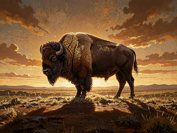Bizon w złotym podświetleniu na tle pustynnego zachodu słońca - motyw automatu Golden Bison