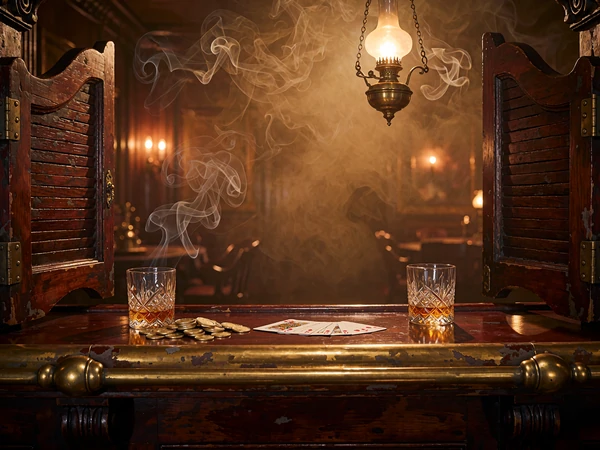 Nocne wnętrze saloonu z mahoniowym barem, kartami i złotymi monetami - klimat slotu Saloon Night