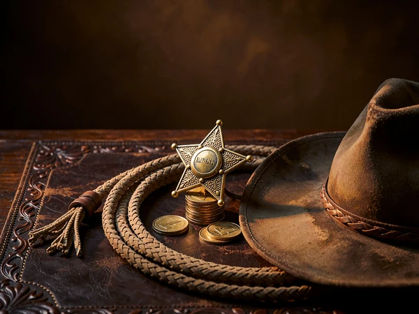 Złota odznaka szeryfa na stosie monet, lasso i kapelusz na sk&oacute;rzanym blacie - motyw slotu Lucky Sheriff