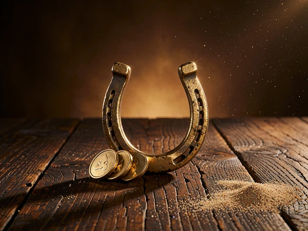 Złota podkowa i monety na drewnianym blacie - motyw automatu Lucky Horseshoe