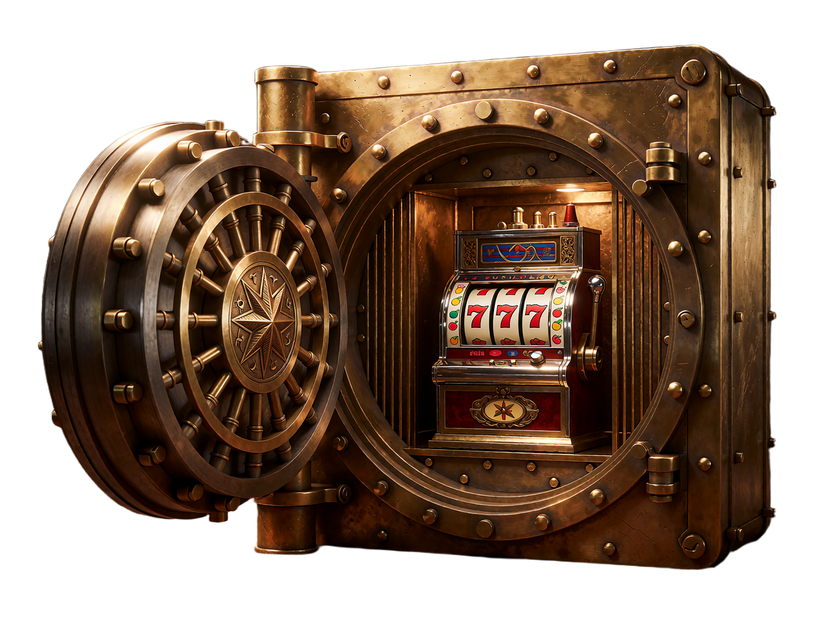 Złoty skarbiec z otwartymi drzwiami i mechanicznym automatem z trzema si&oacute;demkami - symbol automat&oacute;w w kasynie WestAce