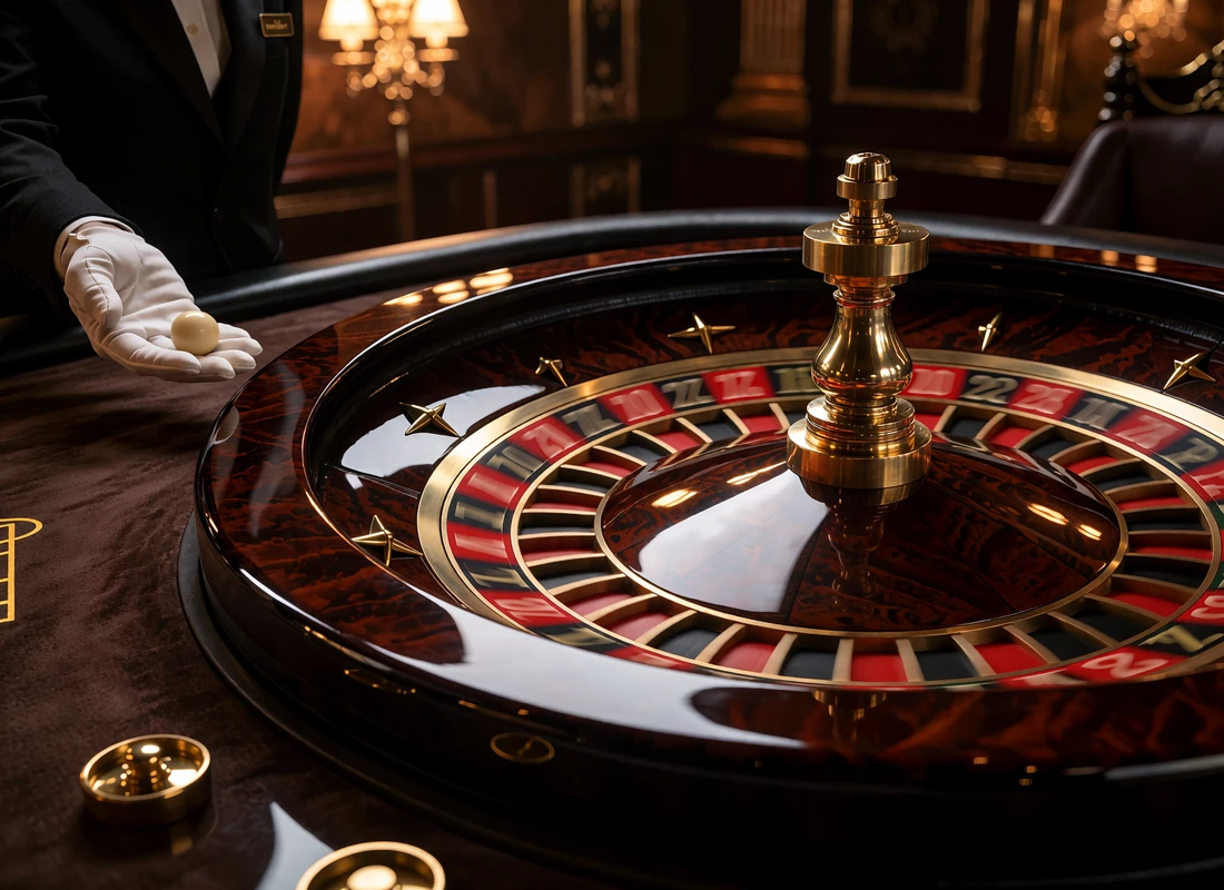 Koło ruletki z dłonią krupiera wypuszczającą kulkę - st&oacute;ł live casino WestAce